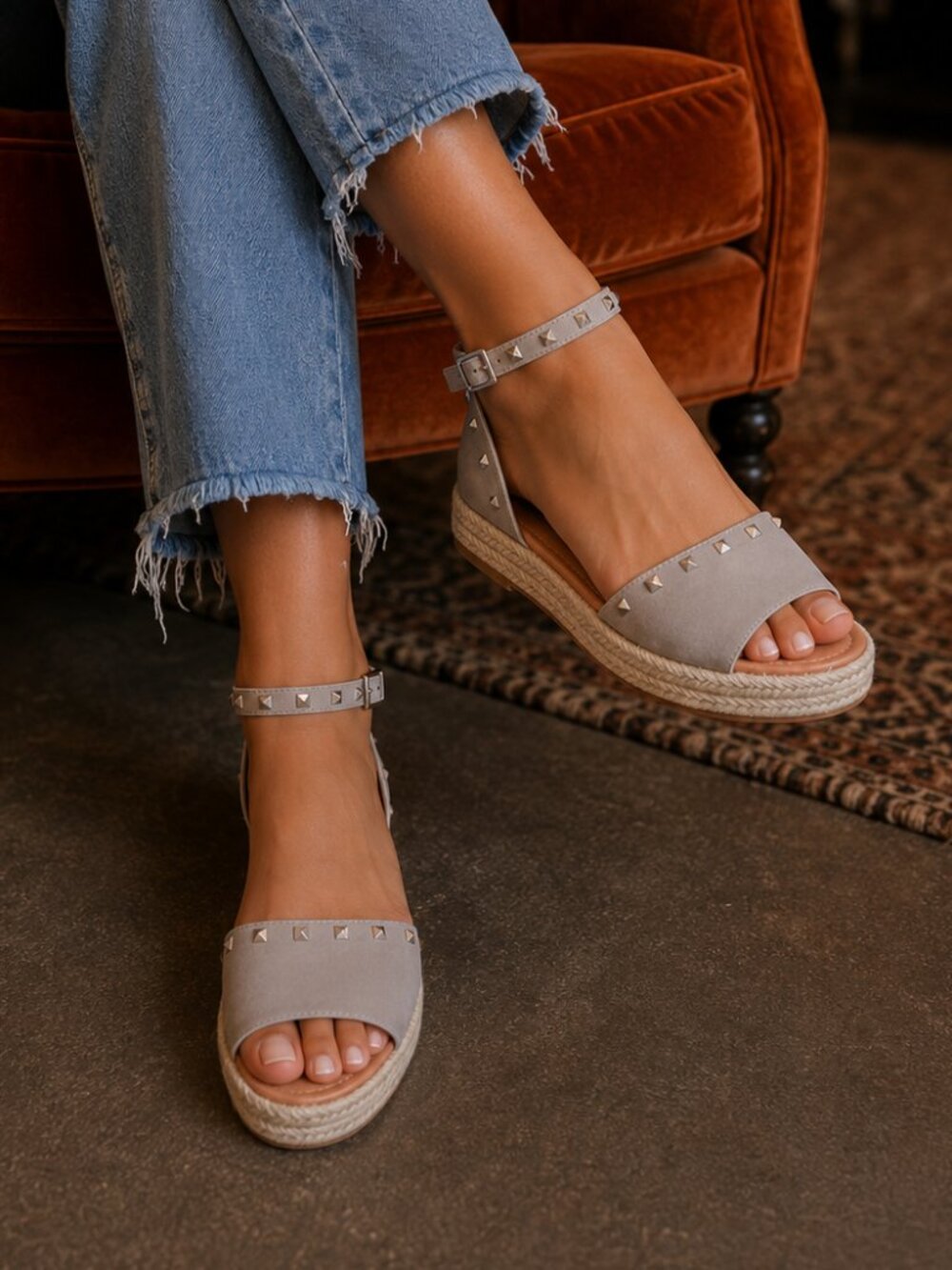 Studded Spike Espadrille Platform Sandals LIGHT GRAY